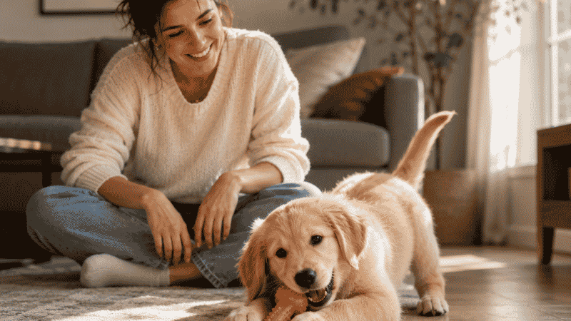 A healthy, fully recovered puppy playing energetically with a toy while its relieved owner watches nearby — representing the typical outcome when puppy diarrhea is correctly identified, monitored, and managed with the right home care or veterinary treatment