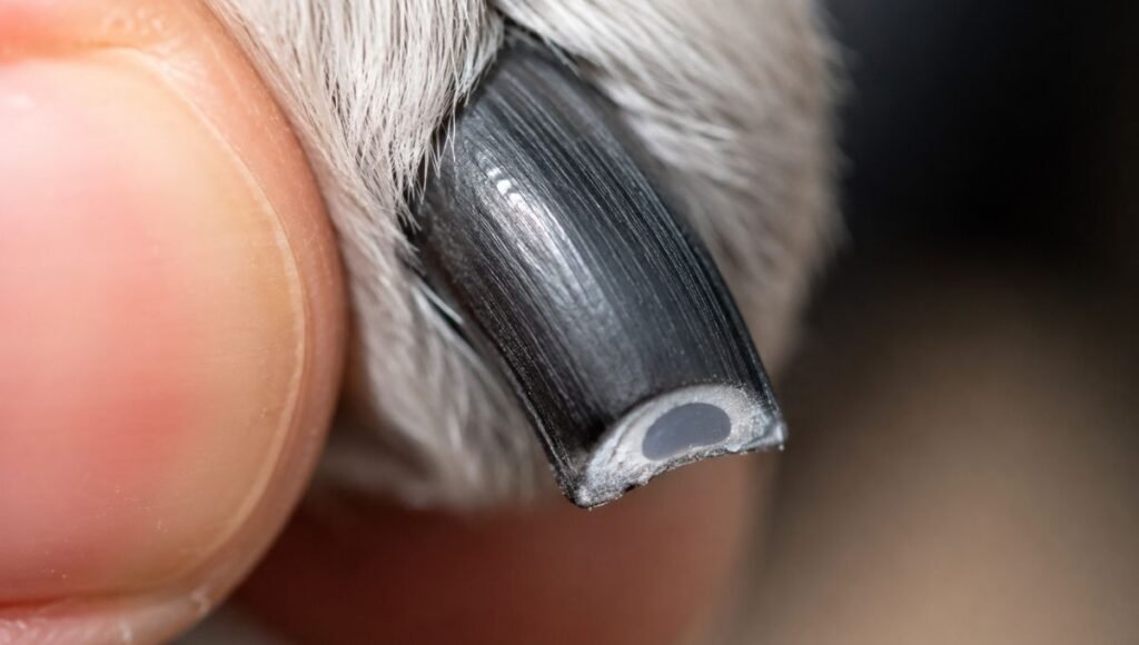 A close-up macro photo of a dark black puppy nail cross-section showing the grey oval beginning to appear in the center — demonstrating the visual stop signal that tells owners how to cut puppy nails safely when the quick is not visible in dark or black nails
