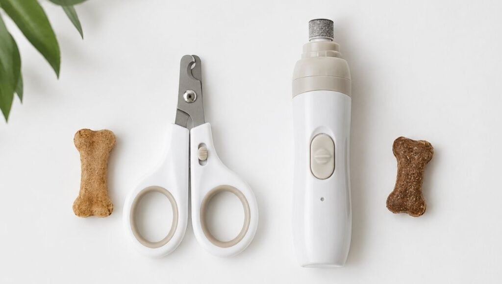 A side-by-side comparison of scissor-style dog nail clippers and a pet nail grinder on a white surface with treats beside each tool — illustrating the two main options for how to cut puppy nails at home and helping new owners decide which tool suits their puppy best