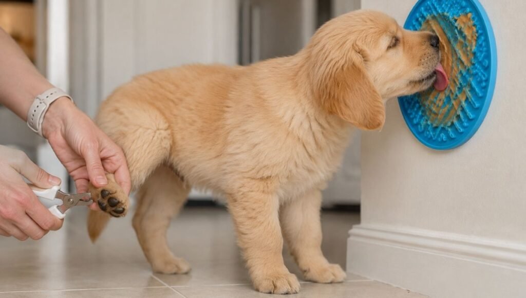 A puppy completely absorbed in licking peanut butter off a silicone lick mat on the wall while its owner calmly trims a back nail — showing the lick mat distraction technique as the most effective solution for puppies who resist learning how to cut puppy nails through standard methods