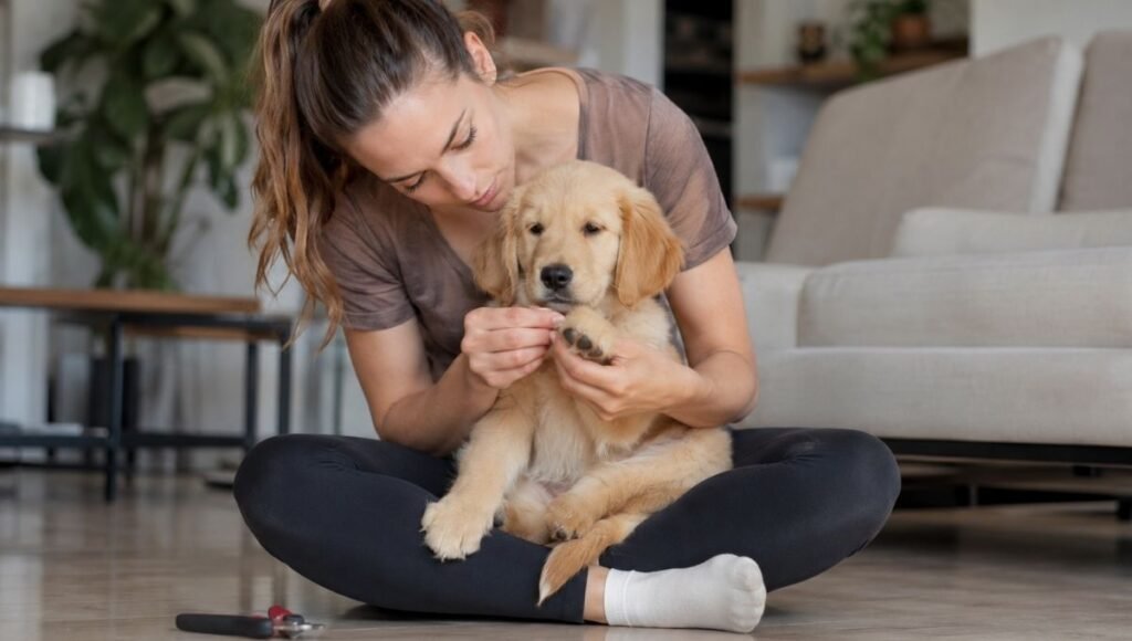 A dog owner gently examining her golden retriever puppy's paw while the puppy relaxes in her lap with nail clippers nearby — showing the calm, confident approach to learning how to cut puppy nails for the first time