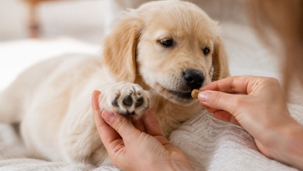 A person gently handling and touching a puppy's individual toes and paw pad while offering a treat — showing the paw desensitization foundation that must be built before learning how to cut puppy nails, ensuring the puppy associates paw handling with positive experiences