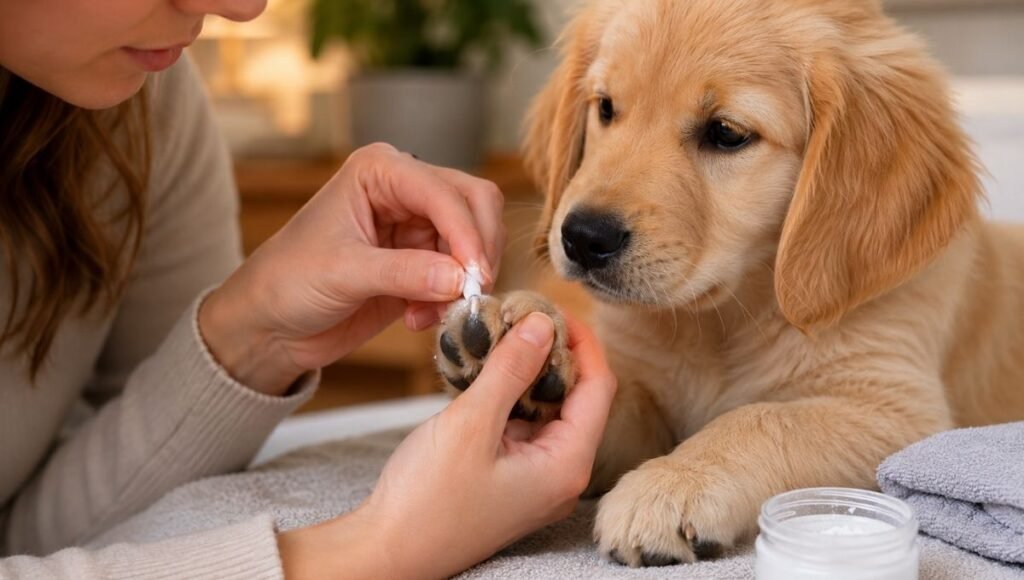 A calm dog owner applying styptic powder to a puppy's nail after accidentally cutting the quick — showing the correct composed response and treatment when cutting the quick while learning how to cut puppy nails, demonstrating that this common accident is manageable and not a crisis