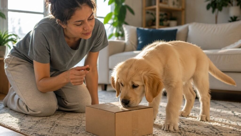 A 9-week-old puppy cautiously investigating a new object while its owner kneels nearby with a treat ready to reward calm exploration — illustrating the first fear period of puppy behavior development between 8 and 12 weeks when positive exposure and patient guidance matter most