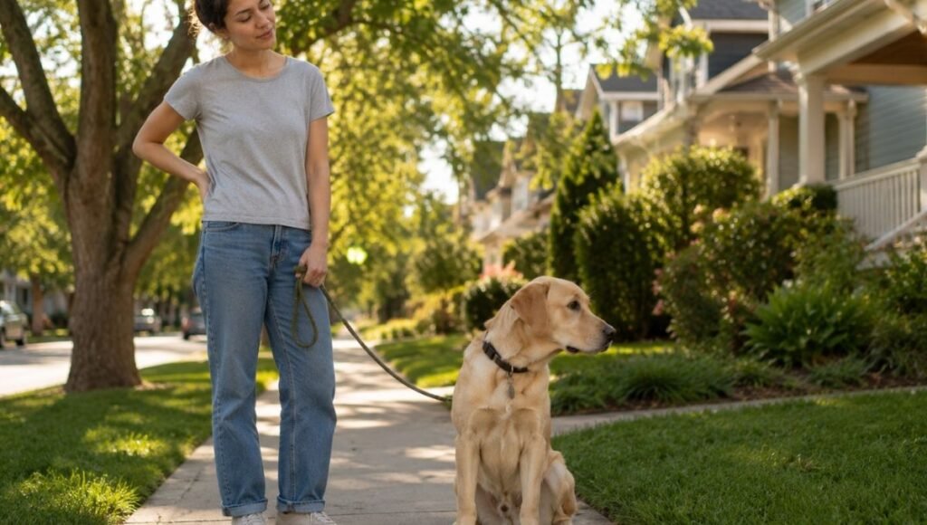 An 8-month-old Labrador ignoring its owner's training cue while distracted by something off-camera, with the owner standing patiently nearby — illustrating the selective hearing and impulse control challenges of adolescent puppy behavior that are developmentally normal but require consistent management