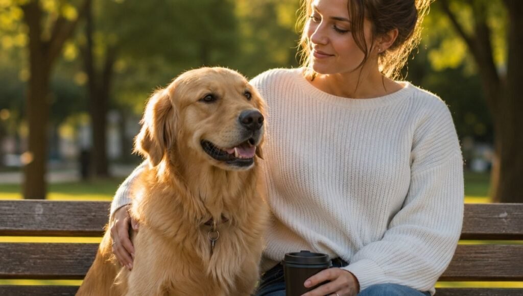A confident, calm young adult golden retriever sitting relaxed beside its owner on a park bench with completely settled, comfortable body language — representing the long-term result of understanding and responding correctly to puppy behavior throughout the first two years of development