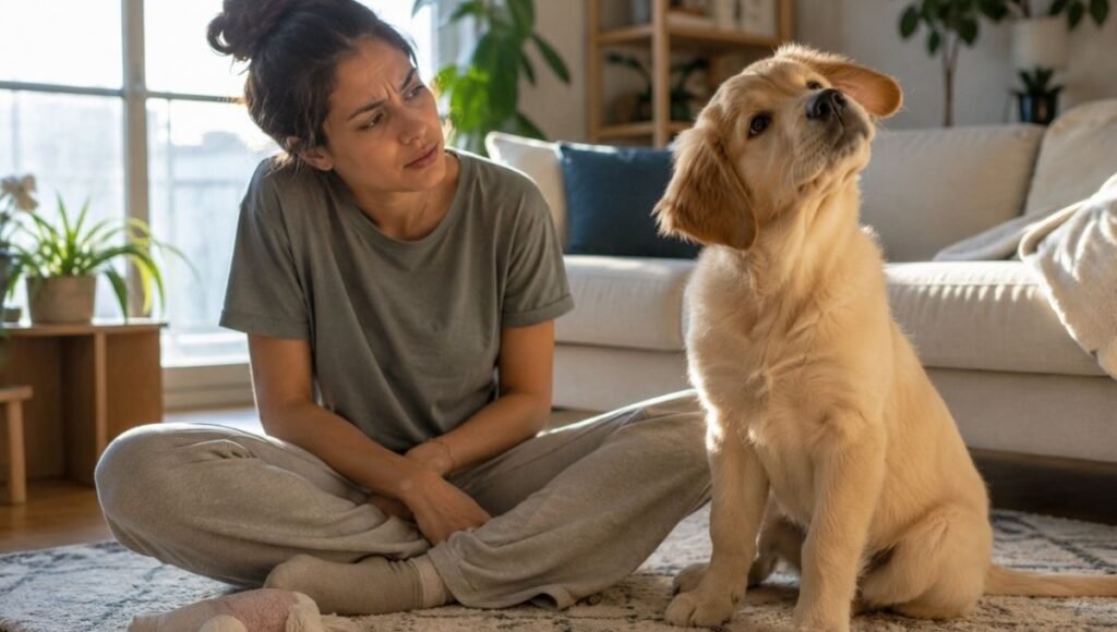 A first-time dog owner sitting on the living room floor watching her golden retriever puppy with a curious, engaged expression — illustrating the journey of learning to understand puppy behavior that this complete puppy behavior guide addresses for new owners