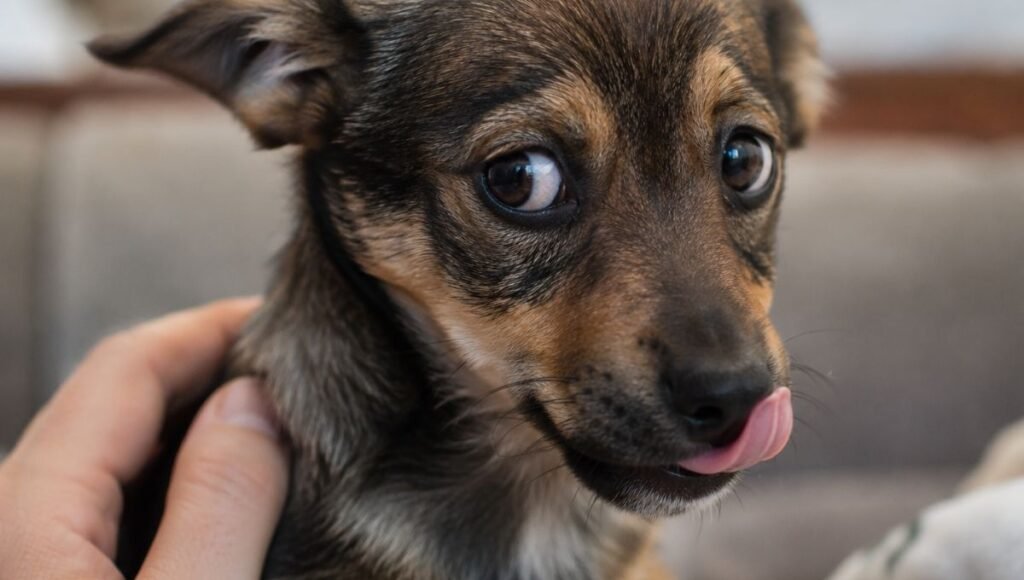 A puppy showing clear stress body language signals including whale eye with whites of eyes visible and a lip lick — illustrating the subtle but important stress signals that every owner needs to recognize in puppy behavior to prevent escalation and respond appropriately to discomfort