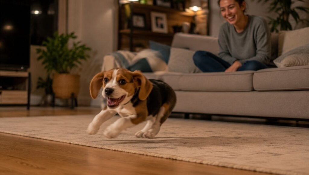 A beagle puppy mid-zoomies running at full speed in a living room while its owner watches with amusement from the sofa — showing Frenetic Random Activity Periods as completely normal puppy behavior that requires no intervention beyond giving the puppy safe space to run