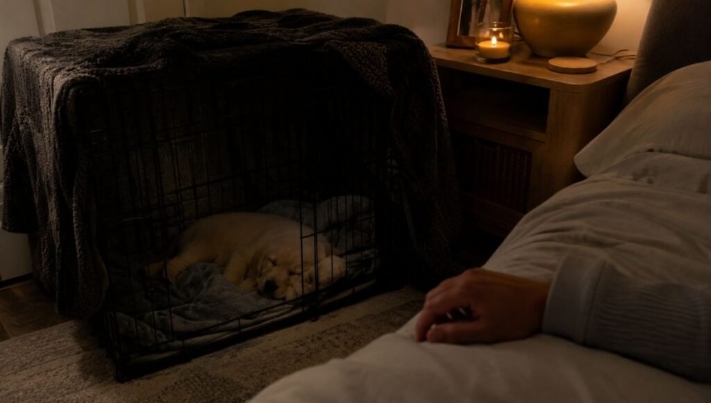 A puppy crate placed right beside the owner's bed with three sides covered by a blanket and the puppy sleeping peacefully inside — showing the single most effective intervention for reducing puppy crying at night by keeping the crate in the bedroom for the first week