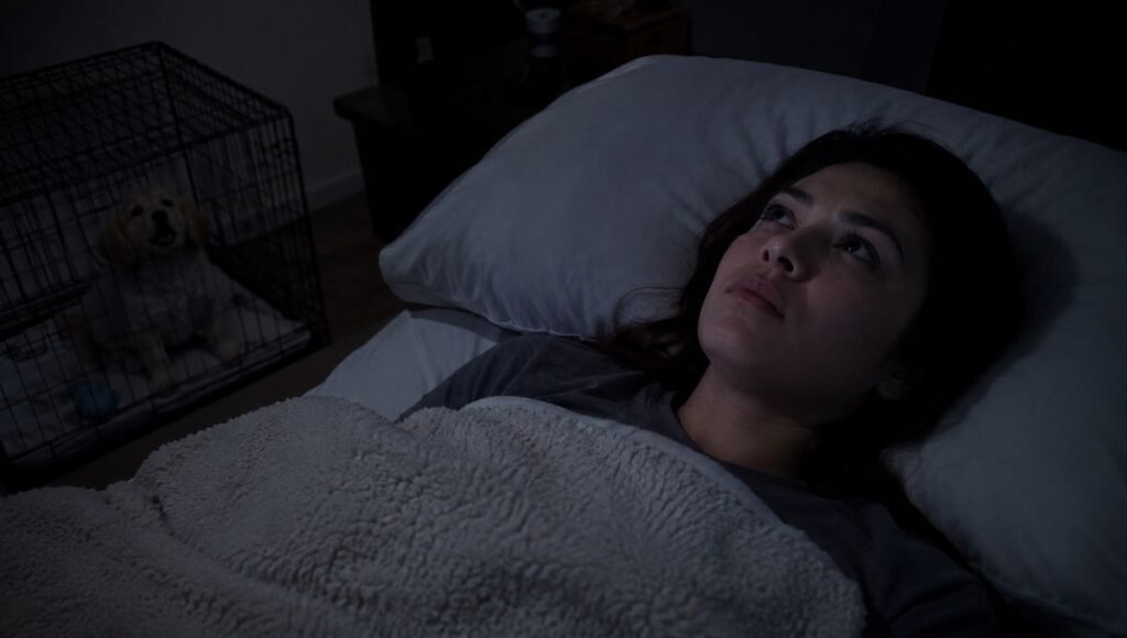 A first-time dog owner lying awake in bed at night with a worried expression while her puppy cries in a crate nearby — capturing the exhausting reality of puppy crying at night that most new owners experience in the first week home