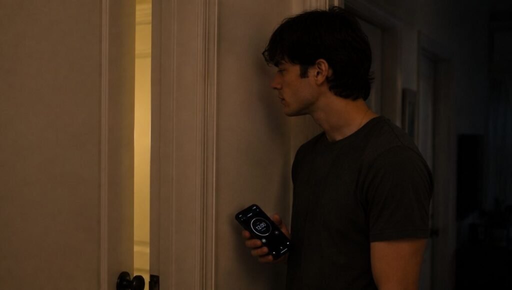A dog owner standing calmly outside the bedroom door at night, holding a phone timer showing 12 minutes while listening to his puppy, demonstrating the correct wait-and-observe approach before deciding whether to respond to puppy crying at night