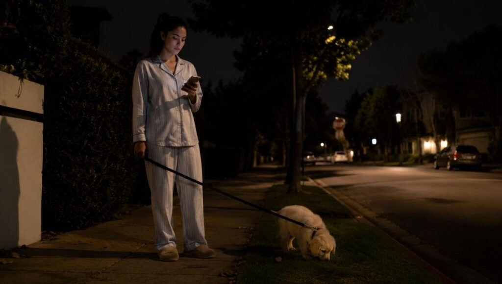 A tired dog owner standing outside at 2am for a proactive nighttime potty trip with her puppy — showing why taking puppies out on a scheduled basis prevents puppy crying at night caused by bladder discomfort rather than waiting for the crying to start