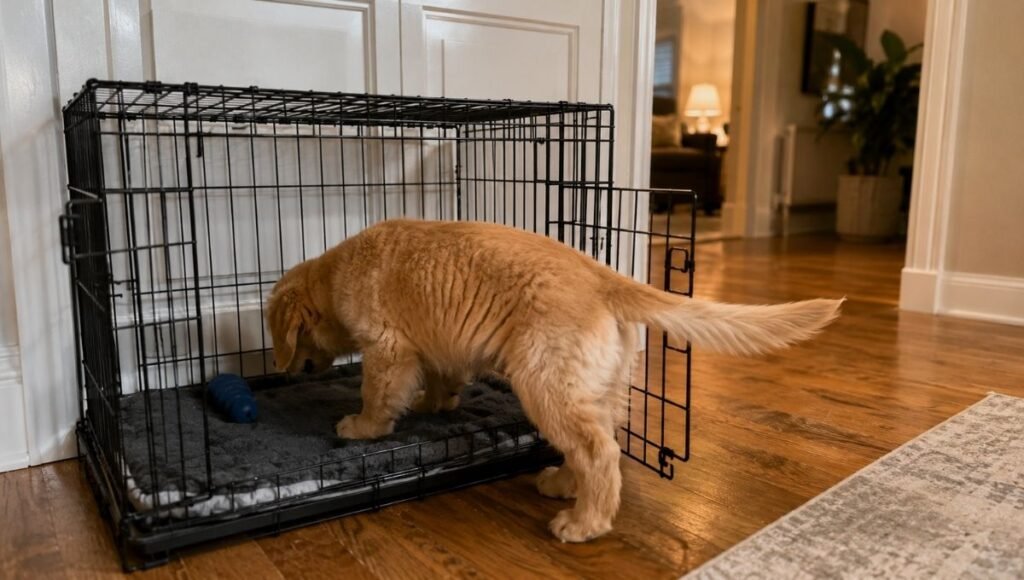 A golden retriever puppy walking voluntarily into its crate with a relaxed expression and a frozen Kong waiting inside — representing the typical outcome after 7 to 10 nights of consistent management, when puppy crying at night has resolved and the crate has become a familiar, safe space