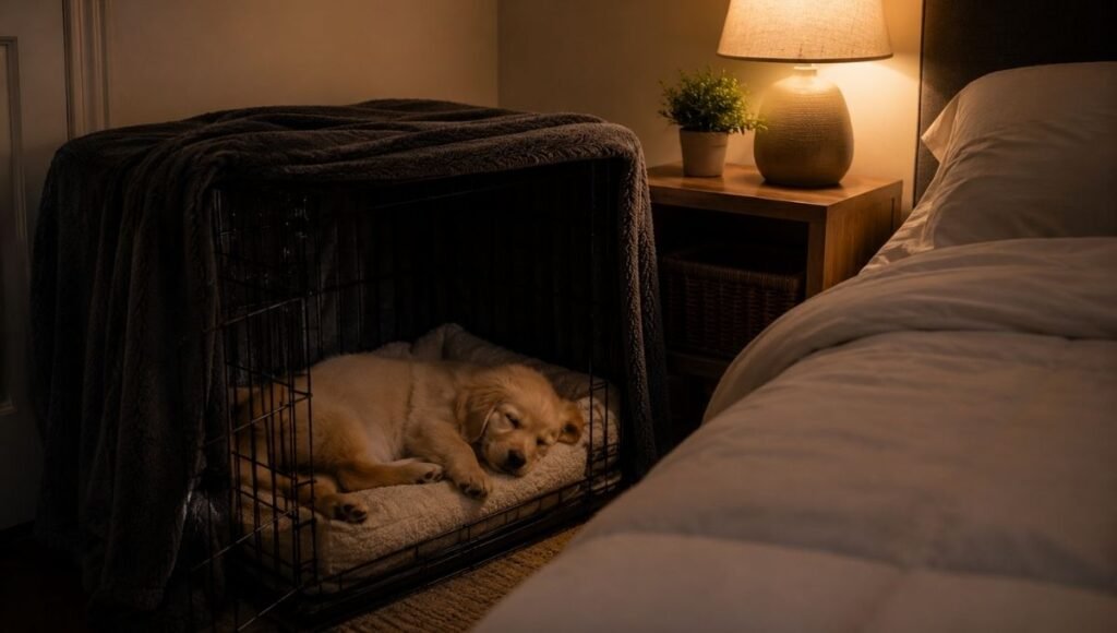 A puppy sleeping deeply and peacefully inside a covered wire crate beside the bed — representing the resolution of puppy crying at night that most owners reach by night 7 to 10 with consistent crate placement, proactive potty scheduling, and calm responses to nighttime distress