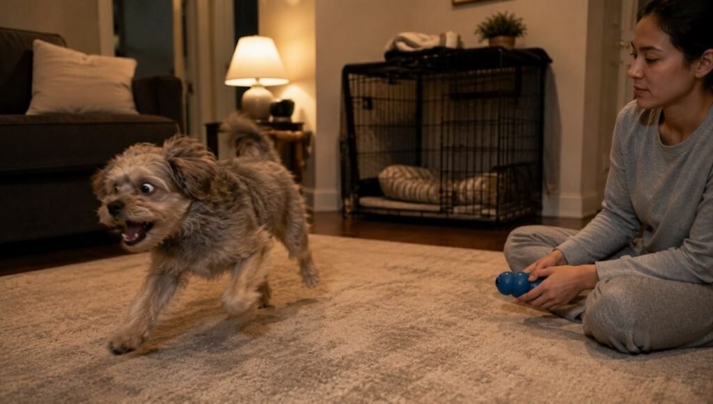 An overtired puppy in a frantic, hyperactive state during the evening witching hour while a calm owner prepares to redirect them to their crate for an enforced nap — showing how the evening meltdown that often precedes puppy crying at night is caused by overtiredness, not excess energy