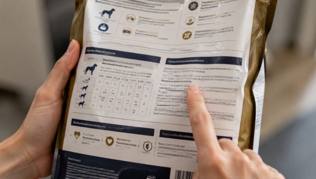 A dog owner's finger pointing to the AAFCO nutritional adequacy statement on the back of a puppy food bag — showing the single most important label check in any puppy feeding guide for determining if a food is appropriate for puppies