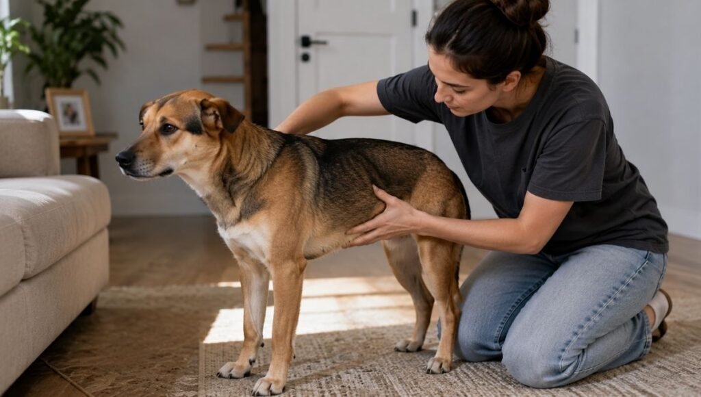 A dog owner performing the monthly body condition check by gently feeling her dog's ribcage — the most reliable ongoing tool in any puppy feeding guide for determining if portion sizes are correct regardless of what the scale says