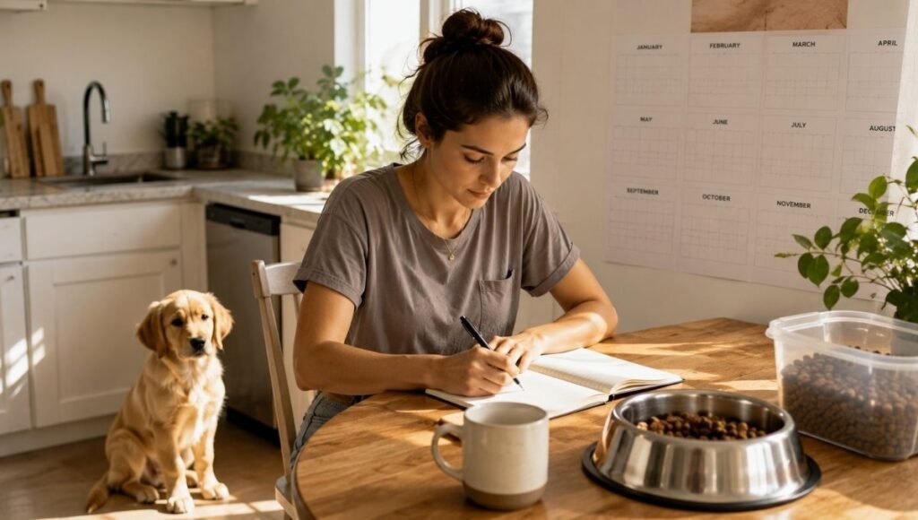 A dog owner sitting at the kitchen table with a calendar visible behind her, writing feeding schedule milestones in a notebook while her puppy sits nearby — showing the month-by-month planning approach to puppy nutrition recommended in this complete puppy feeding guide