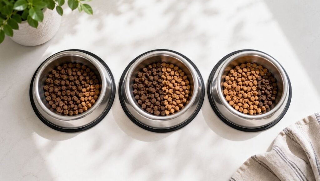 Three puppy food bowls showing the progressive 75/25, 50/50, and 25/75 mixing ratios of the gradual food transition process — a key technique in this puppy feeding guide for switching foods without causing digestive upset