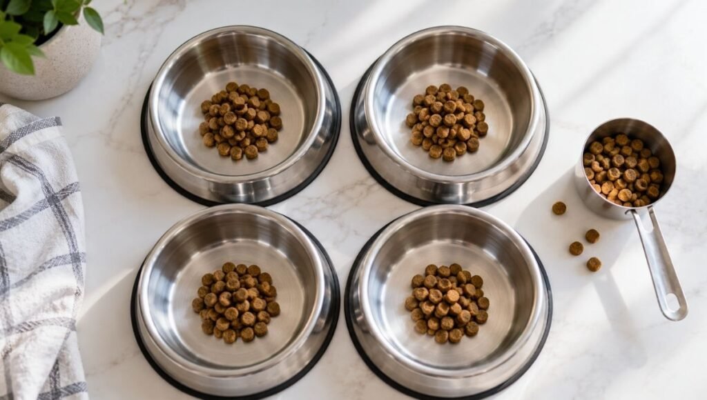 Four identical small puppy food bowls arranged together each with a measured portion of kibble, representing the 4-meal-per-day feeding schedule recommended for puppies aged 8 to 12 weeks in this puppy feeding guide