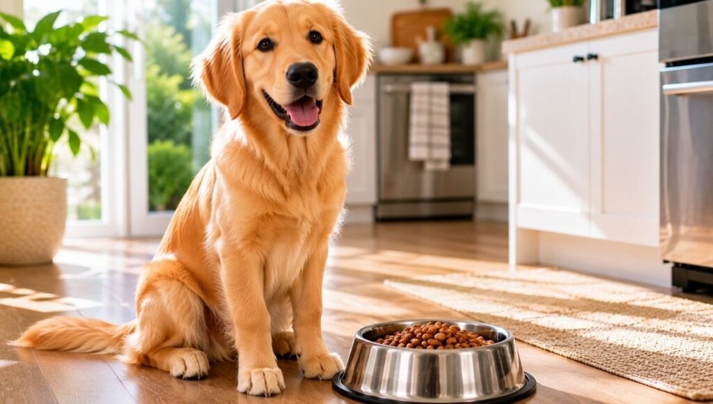 A healthy, bright-eyed and well-proportioned 6 to 7 month old golden retriever sitting beside a correctly filled food bowl looking vibrant and well-nourished — representing the result of following a complete puppy feeding guide with correct food choice, portion sizing, and meal frequency throughout the first year