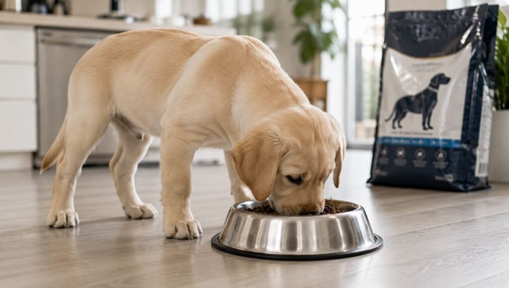 A young Labrador retriever puppy eating a controlled portion from a stainless steel bowl with large breed puppy food visible in the background — illustrating why large breed puppies require a specially formulated food as emphasized in this puppy feeding guide