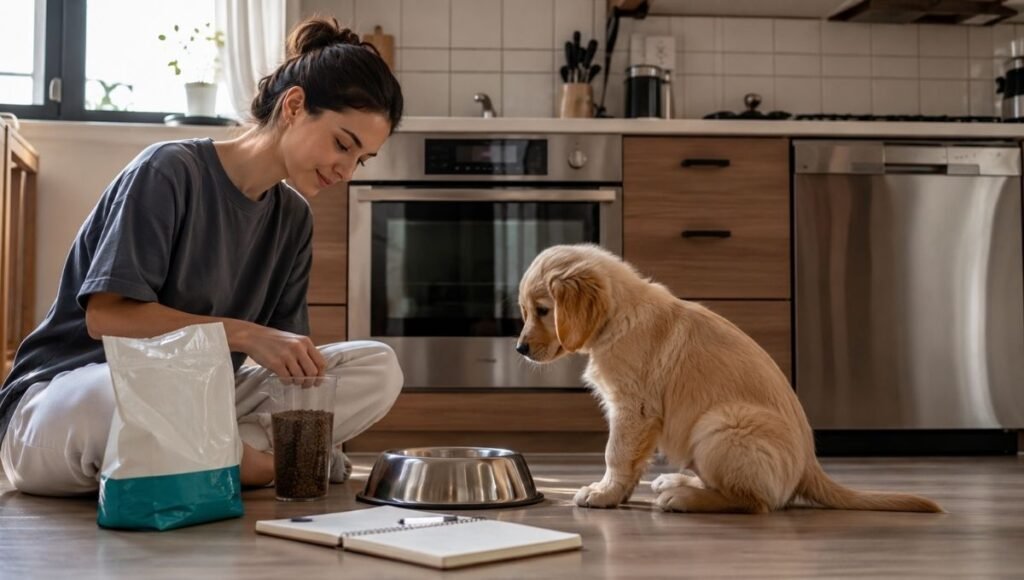 A first-time dog owner sitting on the kitchen floor with a measuring cup, puppy food bag, stainless steel bowl, and feeding notes while her golden retriever puppy waits attentively — showing the organized approach to puppy feeding that this complete puppy feeding guide teaches