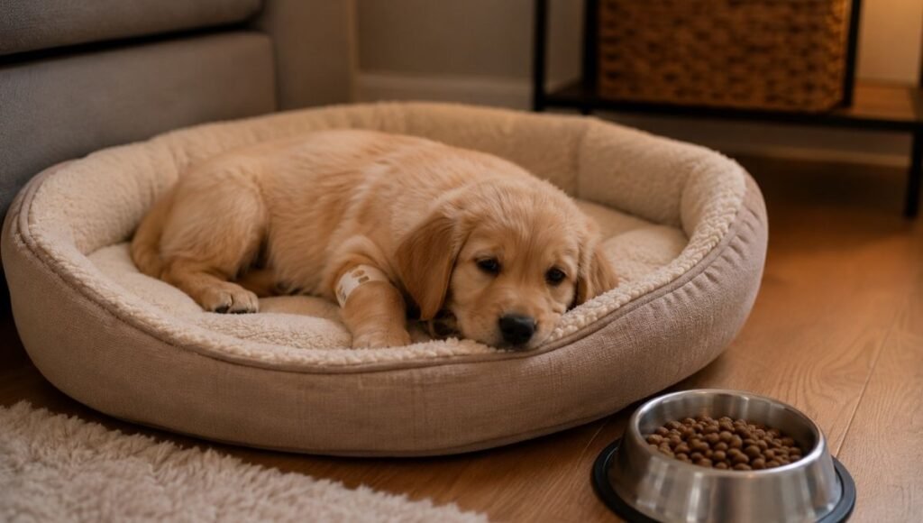 A puppy resting calmly after a veterinary vaccination appointment with an untouched food bowl nearby — showing that mild appetite suppression for 12 to 24 hours after vaccines is a normal side effect and a common reason for a puppy not eating that resolves without intervention
