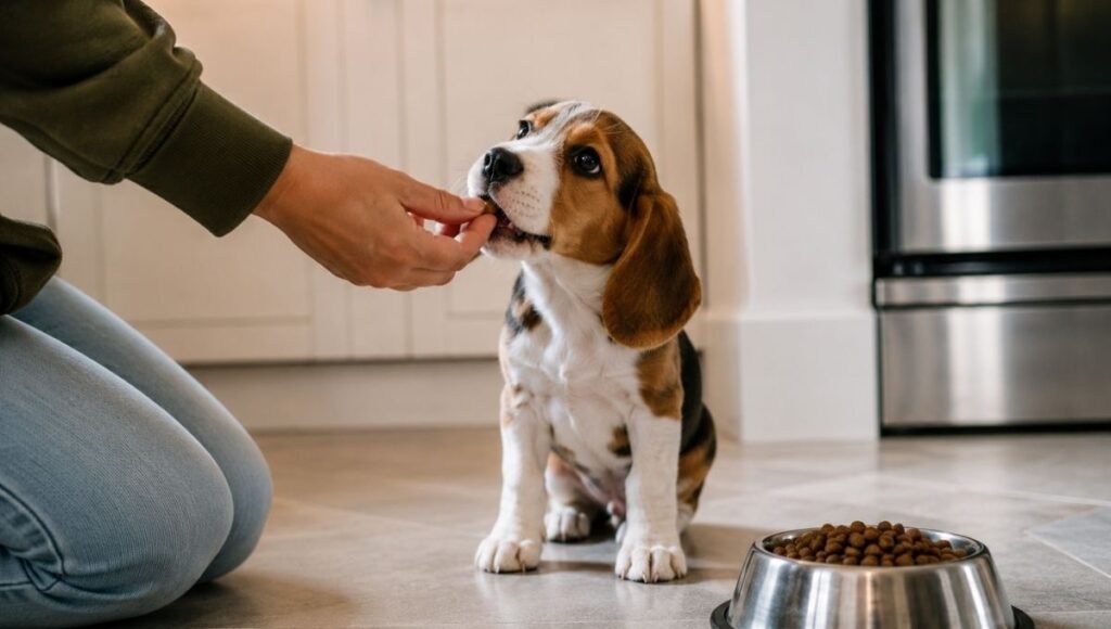 A puppy enthusiastically taking a treat from its owner's hand while a full bowl of kibble sits completely ignored on the floor beside them — illustrating the behavioral pattern where a puppy not eating regular food will still readily eat treats, showing this is a learned behavior rather than illness