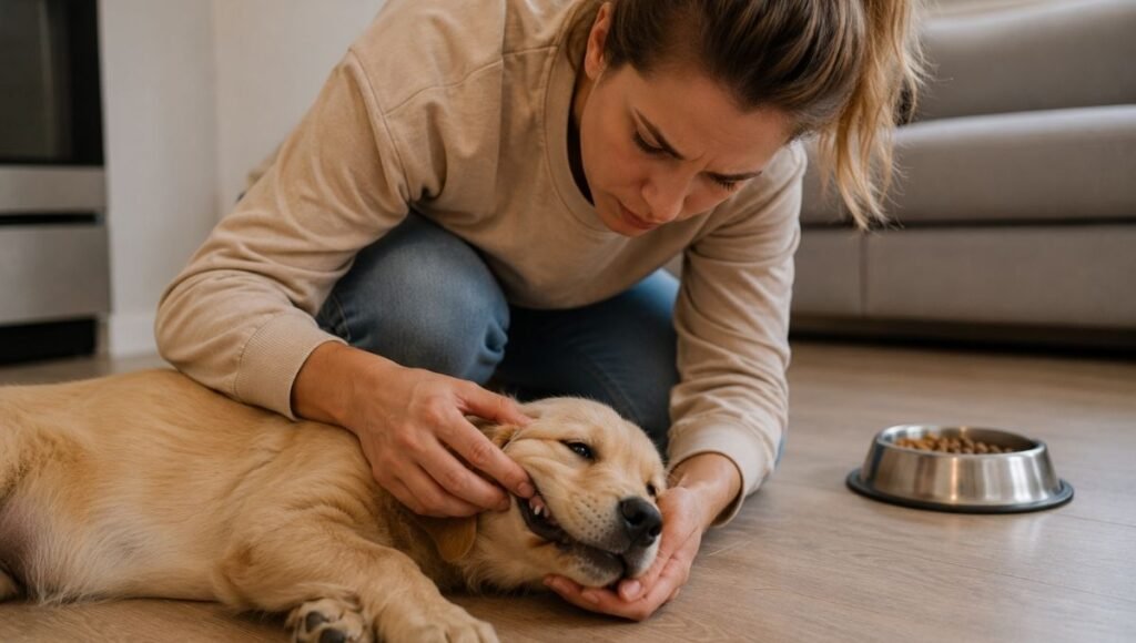 A dog owner urgently checking on a lethargic, unresponsive puppy lying flat on the floor with an untouched food bowl visible in the background — illustrating the combination of puppy not eating plus lethargy that represents a warning sign requiring immediate veterinary contact