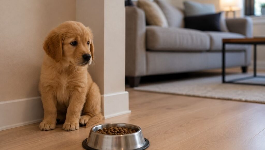 A puppy sitting cautiously in the corner of a new living room looking around at unfamiliar surroundings with an untouched food bowl nearby — illustrating why new environment stress is the most common reason for a puppy not eating in the first 24 to 48 hours home