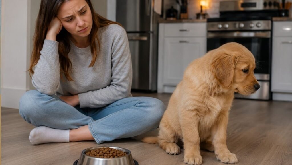 A worried dog owner sitting on the kitchen floor staring at a full puppy food bowl that her golden retriever puppy is completely ignoring — capturing the anxiety that comes with a puppy not eating that most first-time owners experience in the first days home