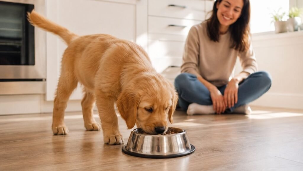 A healthy golden retriever puppy eating enthusiastically from its bowl with a wagging tail while its relieved owner smiles in the background — representing the typical resolution of a puppy not eating episode when the cause is environmental stress or behavioral pickiness rather than illness