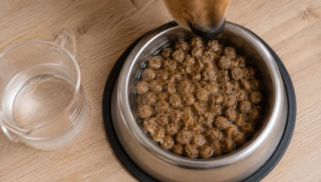 A puppy food bowl with kibble softened in warm water alongside a measuring cup, showing the simple preparation method that makes eating more comfortable for a puppy not eating due to teething discomfort when sore gums make chewing hard kibble painful