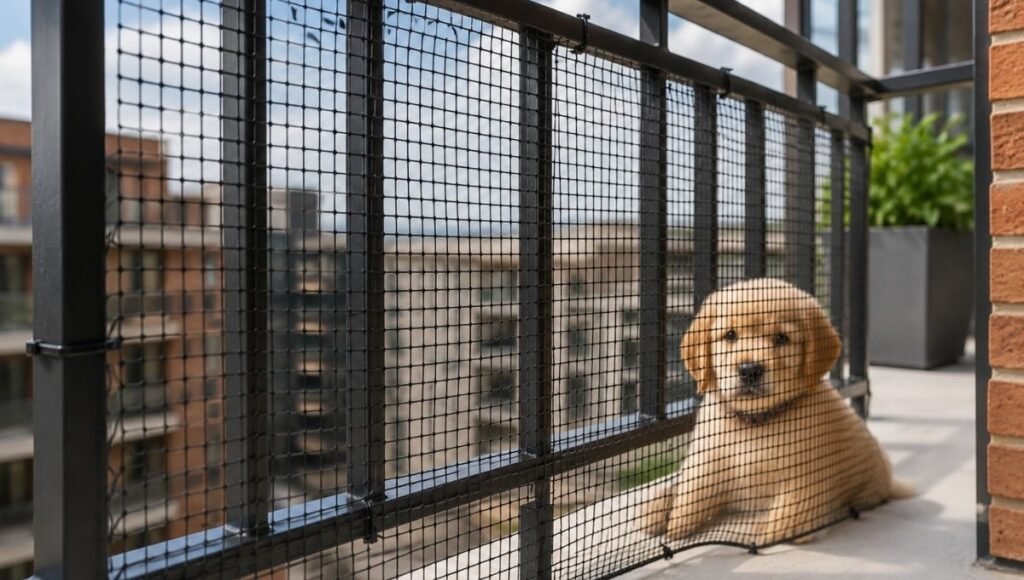 A temporary mesh barrier attached to the inside of apartment balcony railings blocking gaps that could allow a small puppy to slip through, with a puppy safely sitting behind the mesh — addressing one of the most overlooked hazards when puppy proofing an apartment home