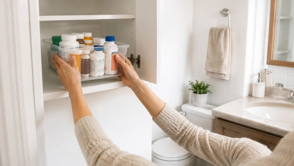 A person placing all medications into a high bathroom cabinet shelf out of puppy reach while the toilet lid is visibly closed in the background — showing two critical steps in puppy proofing your home's bathroom to prevent medication poisoning and toilet water ingestion