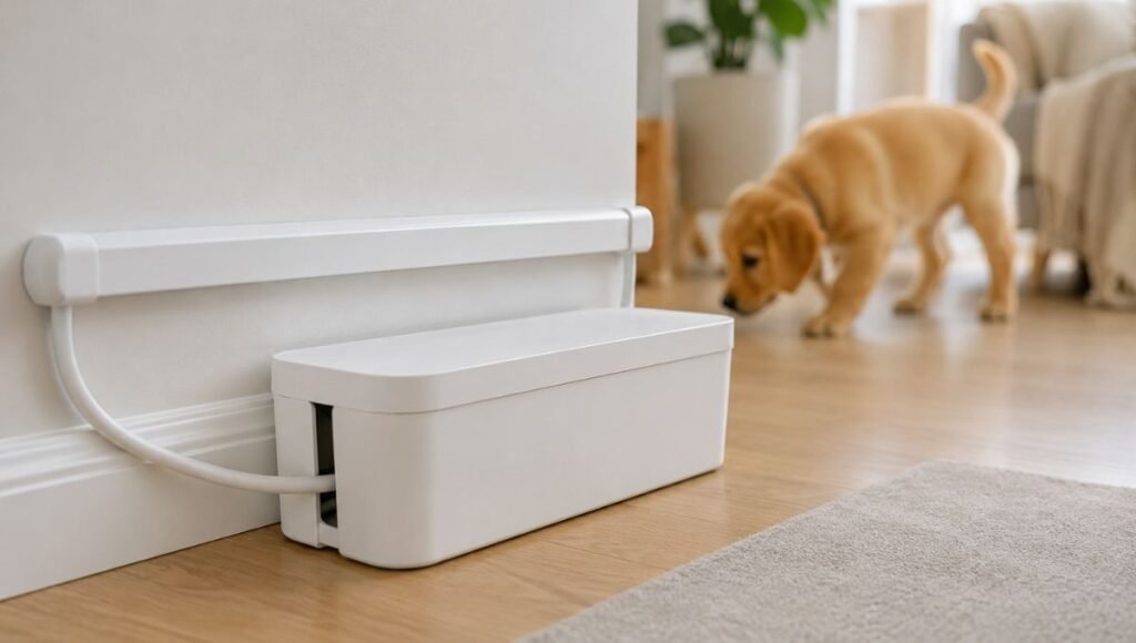 A clean cable management setup showing cords enclosed in a white plastic cable concealer along a baseboard and a power strip inside a cable management box, with a puppy safely exploring the room in the background — demonstrating effective electrical cord management when puppy proofing your home
