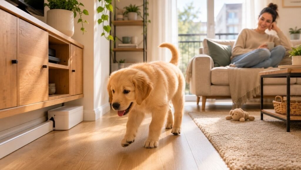 A golden retriever puppy freely and safely exploring a well-organized living room with cords managed, no items at floor level, and cabinet doors secured, while its owner watches confidently from the sofa — representing the peace of mind that comes from thoroughly puppy proofing your home before your puppy arrives