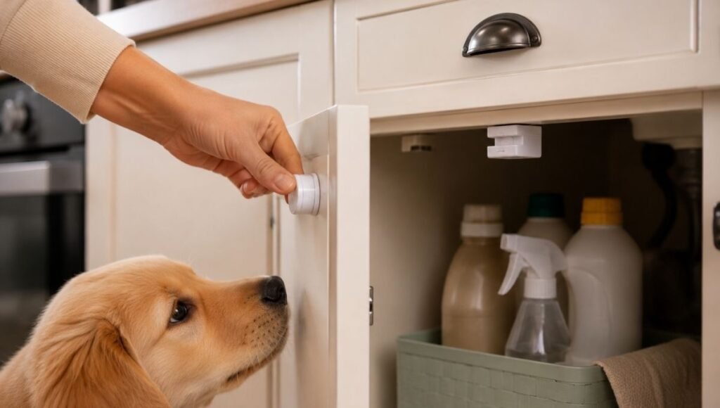 A child safety magnetic lock installed on a lower kitchen cabinet containing cleaning products, with a puppy sniffing at the door from below — showing one of the most important steps in puppy proofing your home's kitchen to prevent access to toxic household chemicals