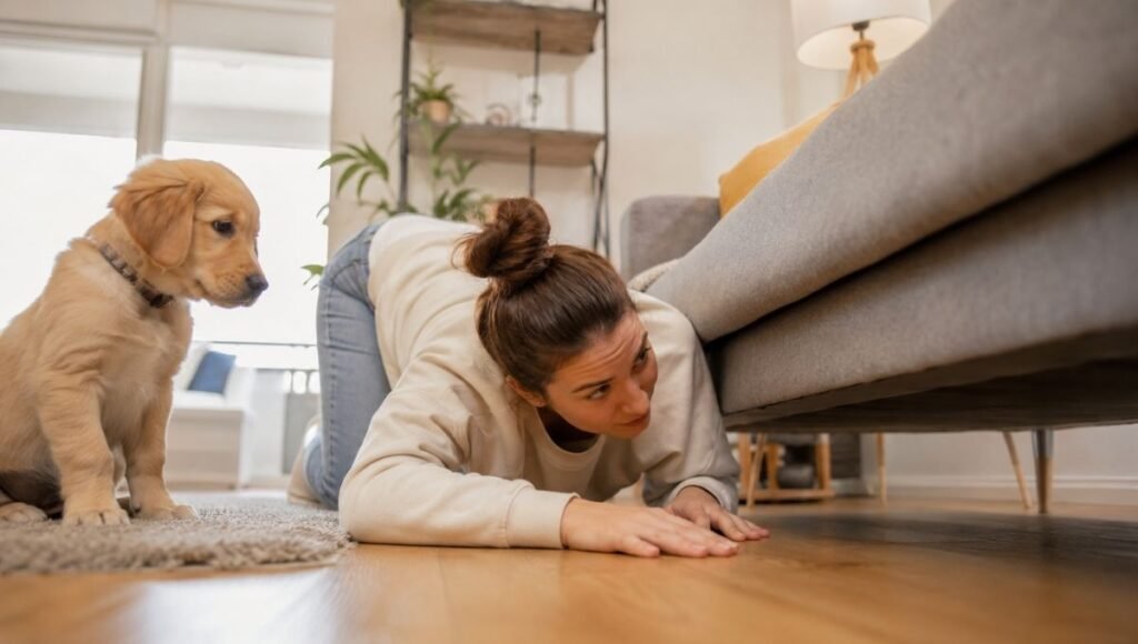 A dog owner doing the crawl test on all fours in her living room to check for hazards from puppy eye level while her golden retriever puppy watches curiously — showing the most effective first step in puppy proofing your home before a new puppy arrives