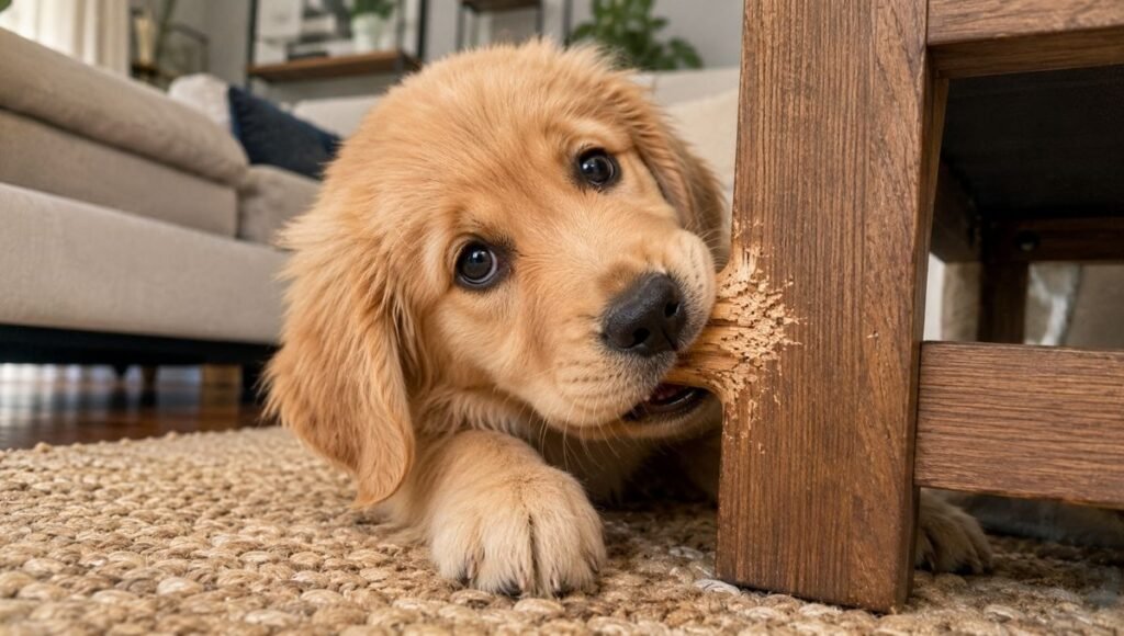 A golden retriever puppy caught chewing the corner of a coffee table leg while looking up innocently — the classic puppy teething behavior that sends most first-time owners searching for answers about how to manage the teething phase