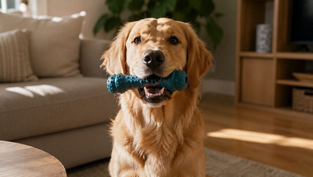 A healthy 7 to 8 month old golden retriever with a full set of adult teeth holding a chew toy and looking settled and content — representing the successful end of the puppy teething phase when consistent management and redirection have built lasting healthy chewing habits