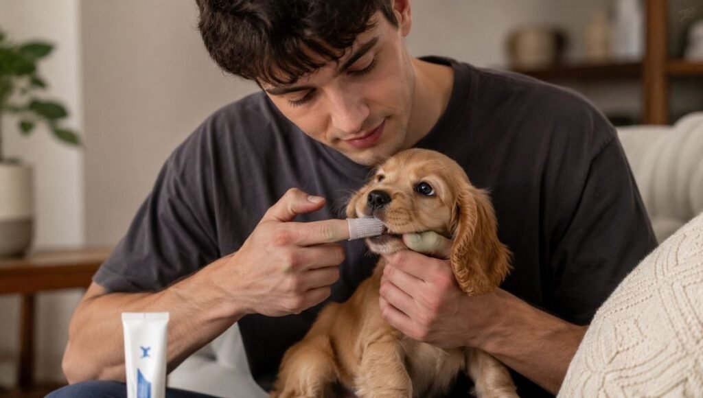 A dog owner gently using a finger brush on a calm puppy's gums and teeth with puppy toothpaste nearby — showing how the teething phase is the ideal window to establish dental hygiene habits that protect adult teeth for life
