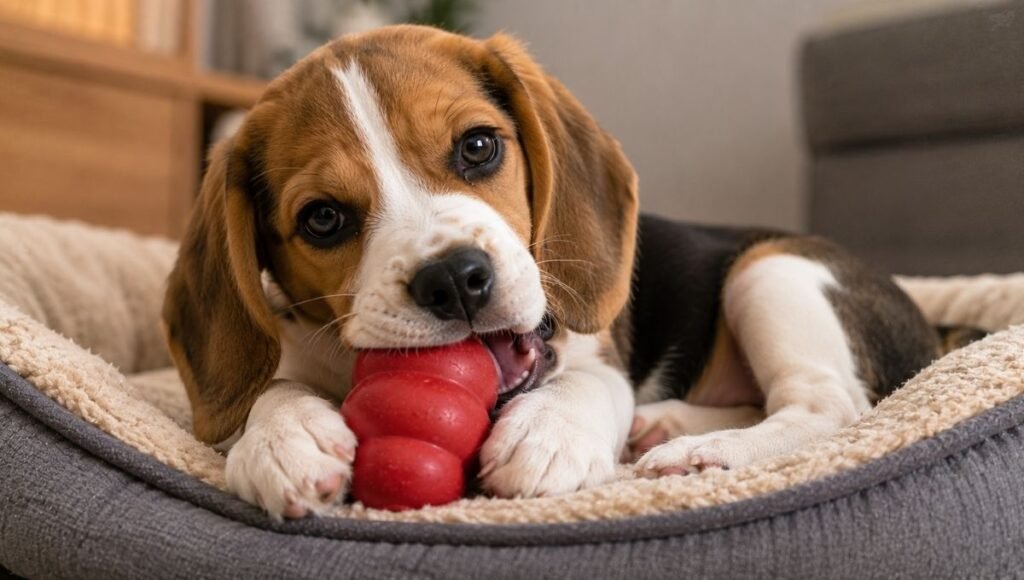 A beagle puppy lying on its bed contentedly chewing a frozen rubber Kong toy during the puppy teething phase, showing the visible relief and engagement that cold chew toys provide for inflamed teething gums