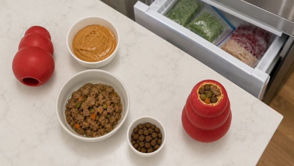 A flat lay showing the frozen Kong preparation setup including a rubber Kong toy, peanut butter, wet food, and kibble ready to be stuffed and frozen — demonstrating the most effective home remedy for puppy teething gum relief