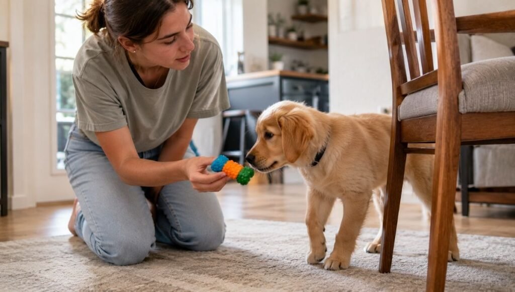 A dog owner calmly redirecting her teething puppy away from chewing a chair leg by offering a rubber chew toy at nose level — demonstrating the correct redirection technique that must continue throughout the puppy teething phase to prevent furniture chewing from becoming a permanent habit