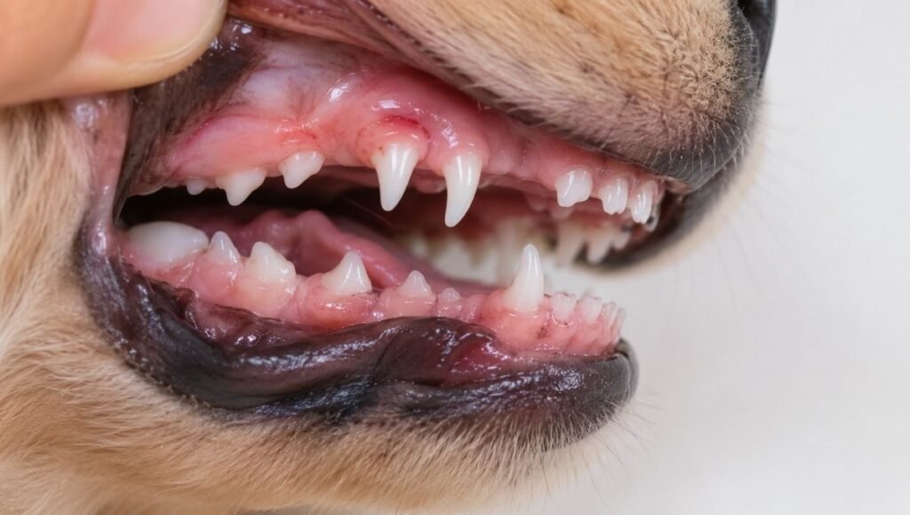 A close-up of a puppy's mouth showing baby teeth and adult teeth coming in simultaneously with a slightly inflamed gumline — illustrating the active dental transition that happens during the puppy teething timeline between 12 and 20 weeks of age