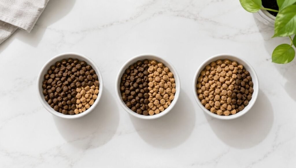 Three dog food bowls showing the progressive mixing ratios of the 10-day food transition process — 75 percent old to 25 percent new, then 50/50, then 25 percent old to 75 percent new — demonstrating the gradual approach that prevents digestive upset when switching puppy to adult food