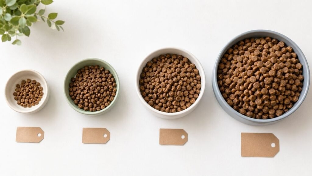 Four dog food bowls arranged from smallest to largest representing toy breed, medium breed, large breed, and giant breed portions — illustrating how breed size determines when to switch puppy to adult food, with smaller breeds switching earlier and giant breeds switching much later